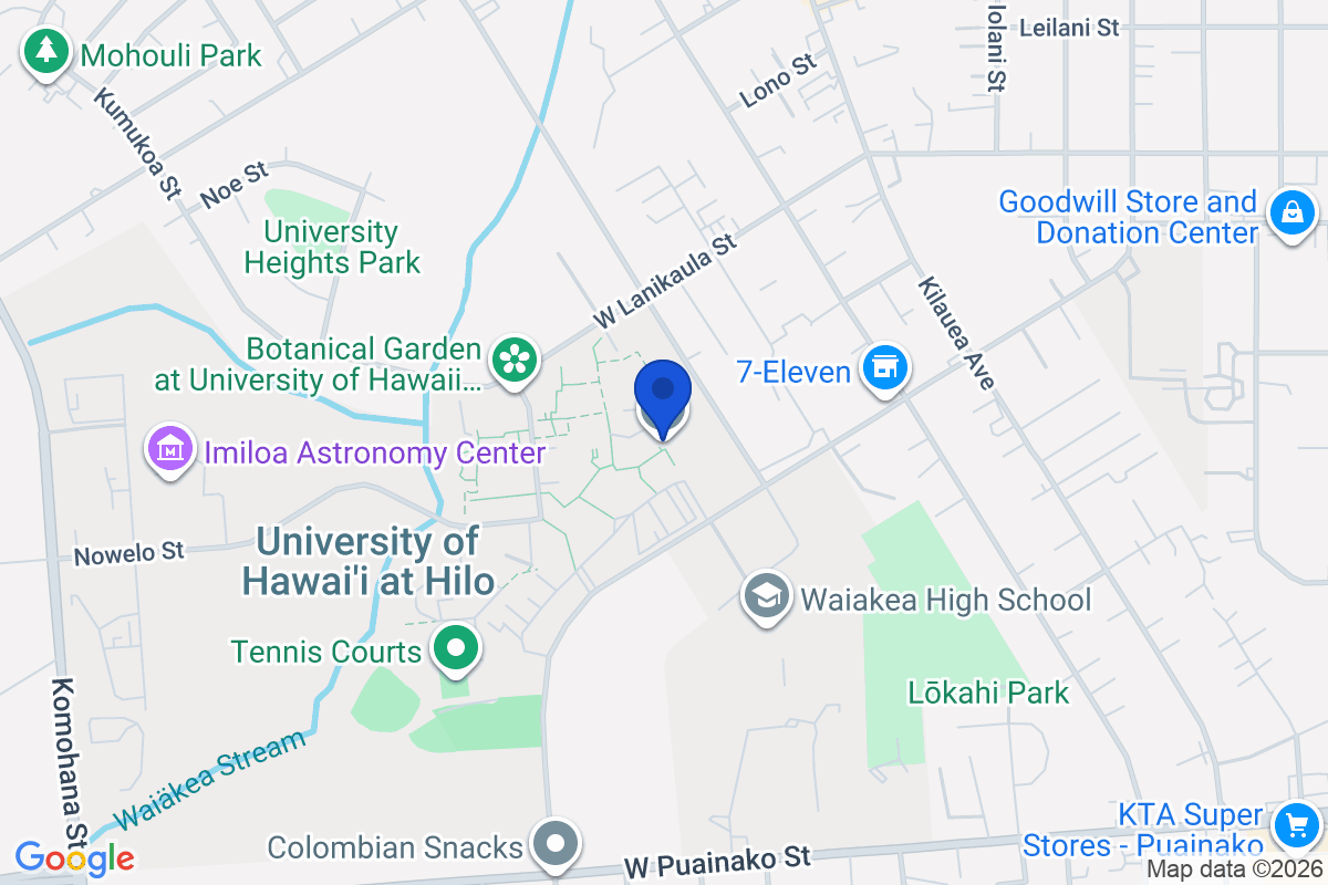 Map showing the location of University of Hawaii at Hilo in Hilo, Hawaii