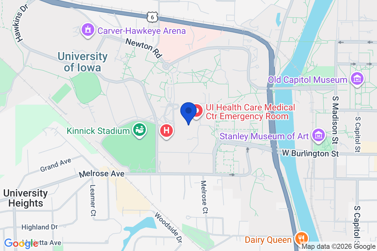 Map showing the location of University of Iowa in Iowa City, Iowa