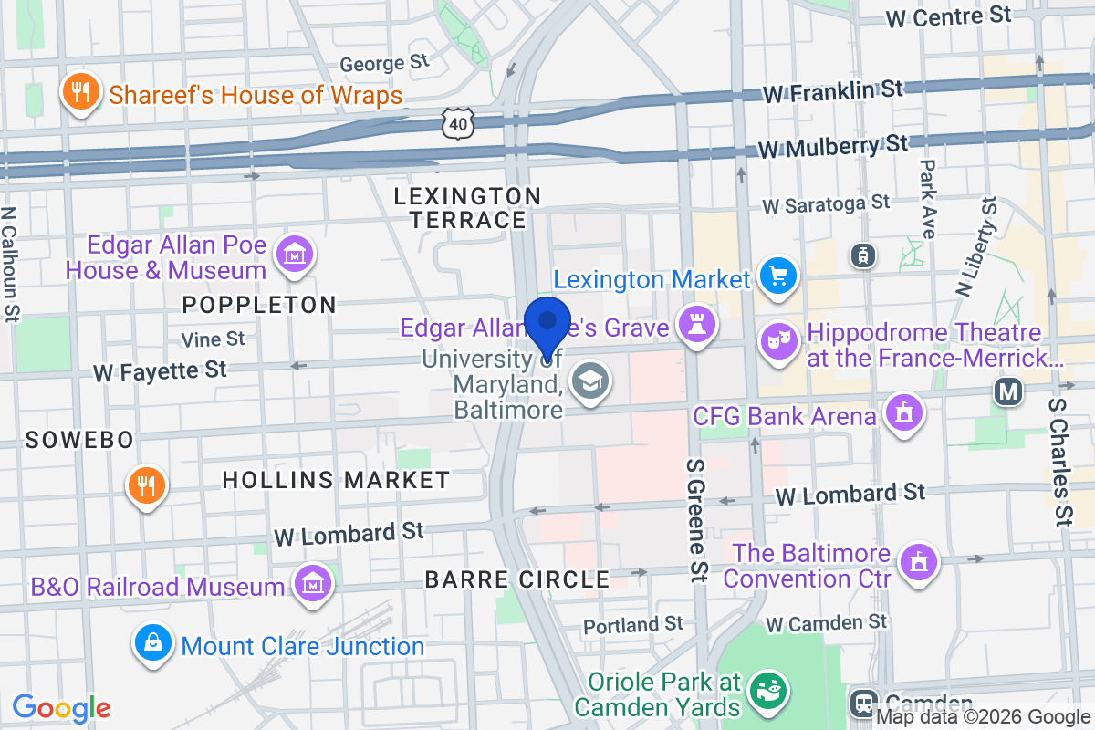 Map showing the location of University of Maryland in Baltimore, Maryland