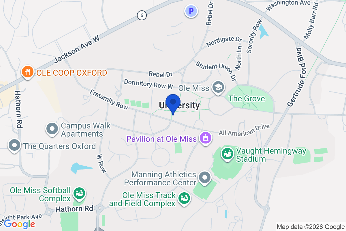 Map showing the location of University of Mississippi in Mississippi