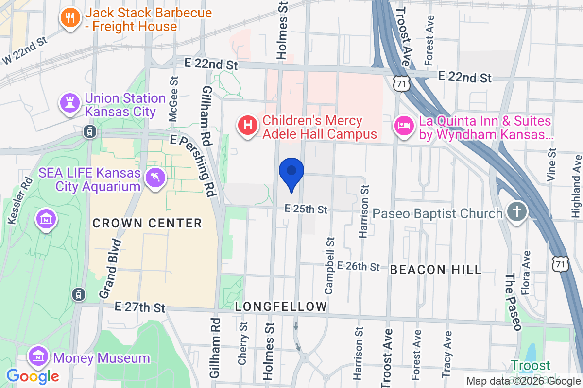 Map showing the location of University of Missouri-Kansas City in Kansas City, Missouri