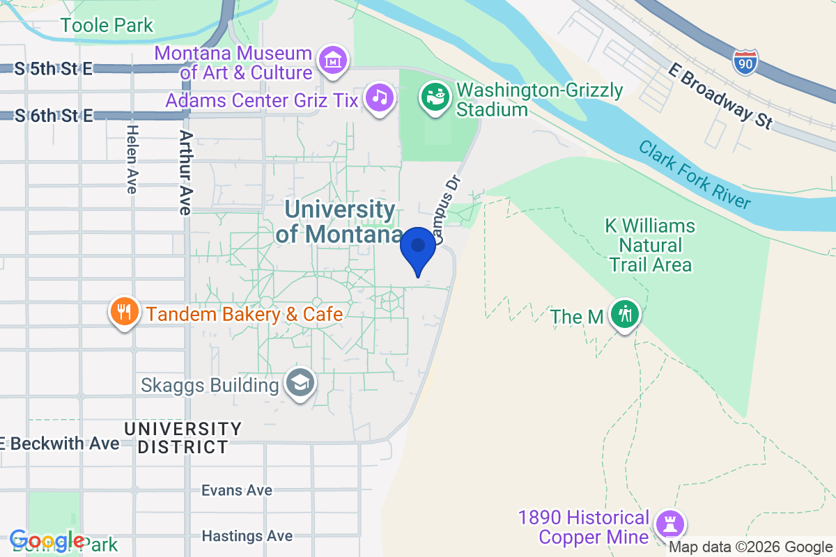 Map showing the location of University of Montana in Missoula, Montana