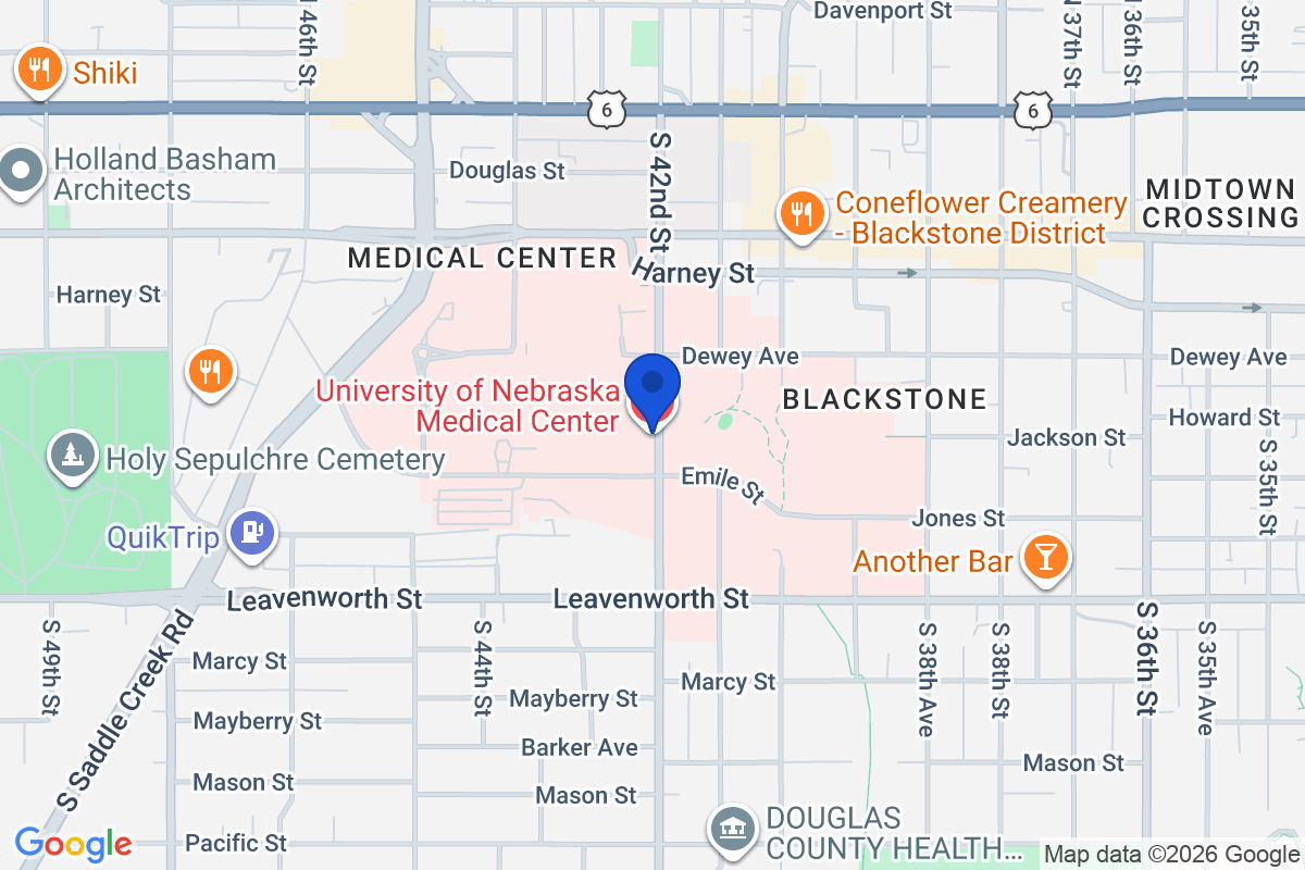 Map showing the location of University of Nebraska Medical Center in Omaha, Nebraska