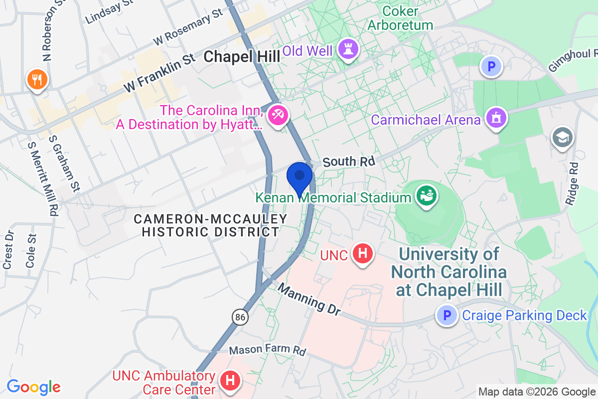 Map showing the location of University of North Carolina (UNC) at Chapel Hill in Chapel Hill, North Carolina