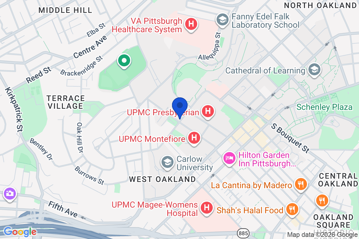 Map showing the location of University of Pittsburgh in Pittsburgh, PA