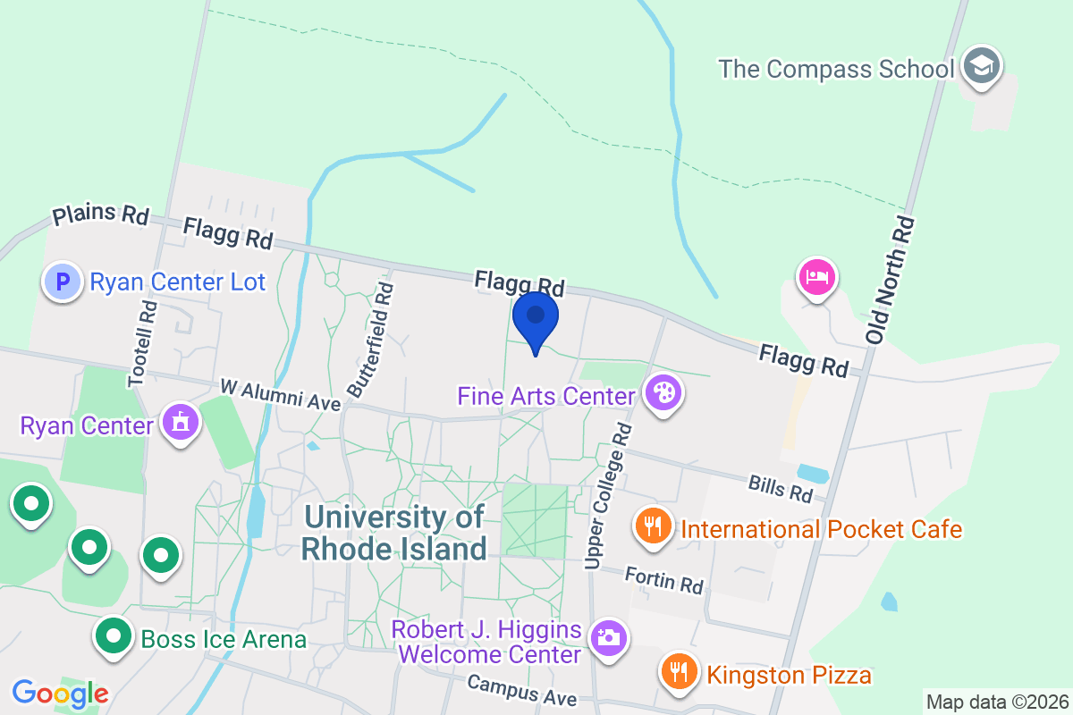 Map showing the location of University of Rhode Island in Kingston, Rhode Island