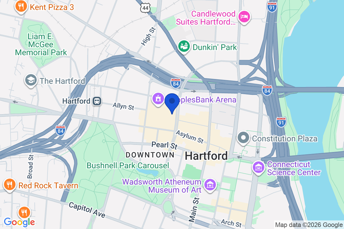 Map showing the location of University of Saint Joseph in Hartford, Connecticut