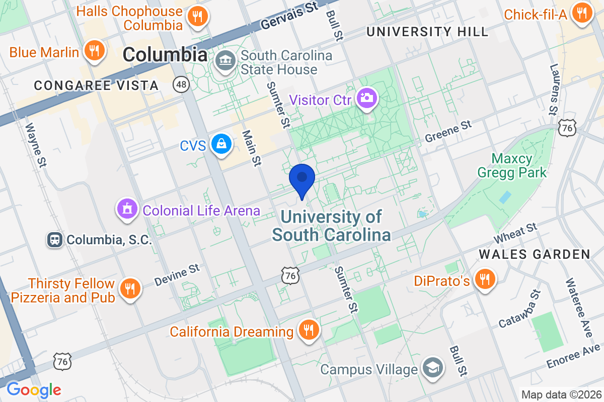Map showing the location of University of South Carolina in Columbia , South Carolina
