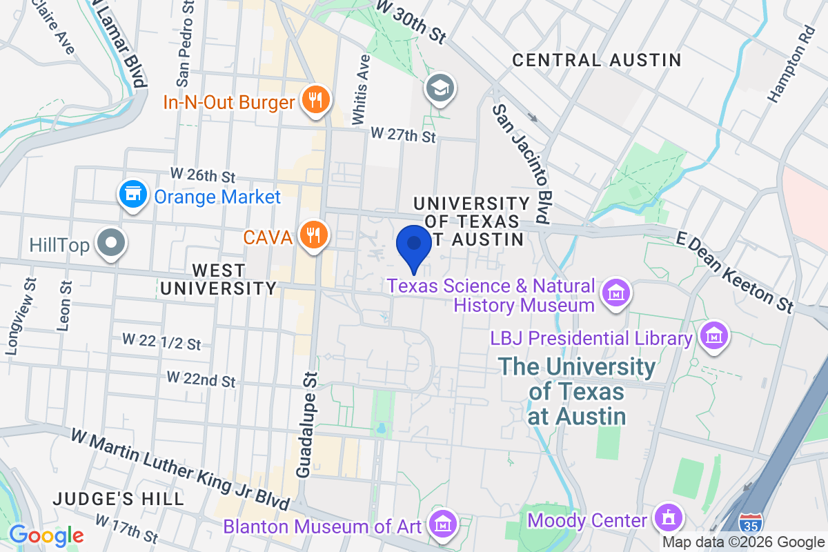 Map showing the location of University of Texas at Austin in Austin, Texas