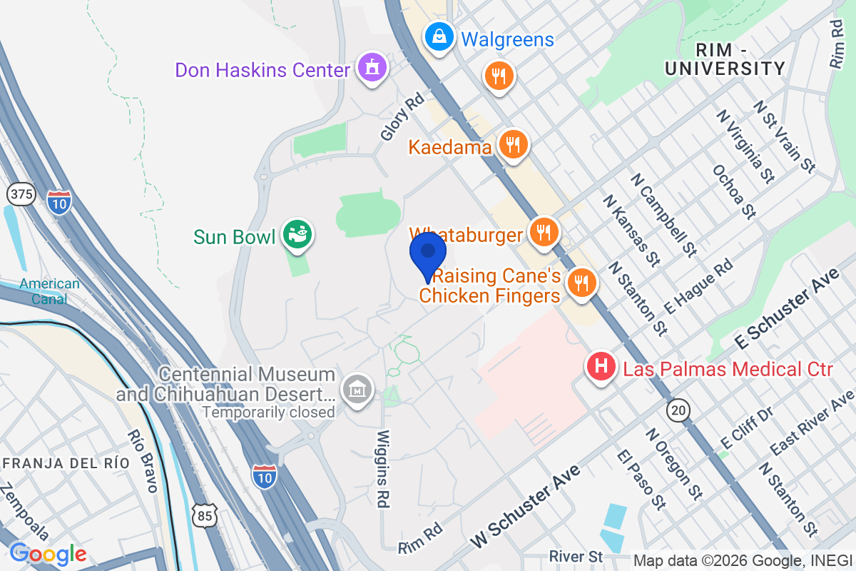 Map showing the location of University of Texas at El Paso in El Paso, Texas