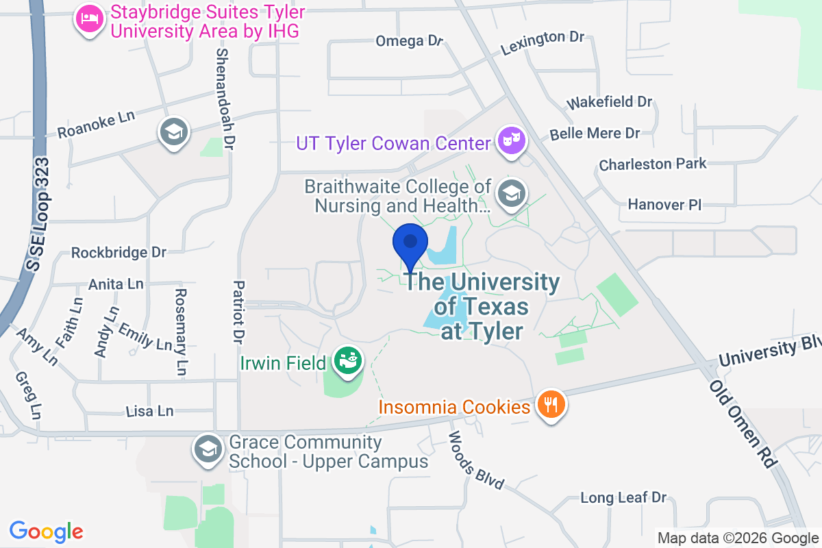 Map showing the location of University of Texas at Tyler in Tyler, Texas