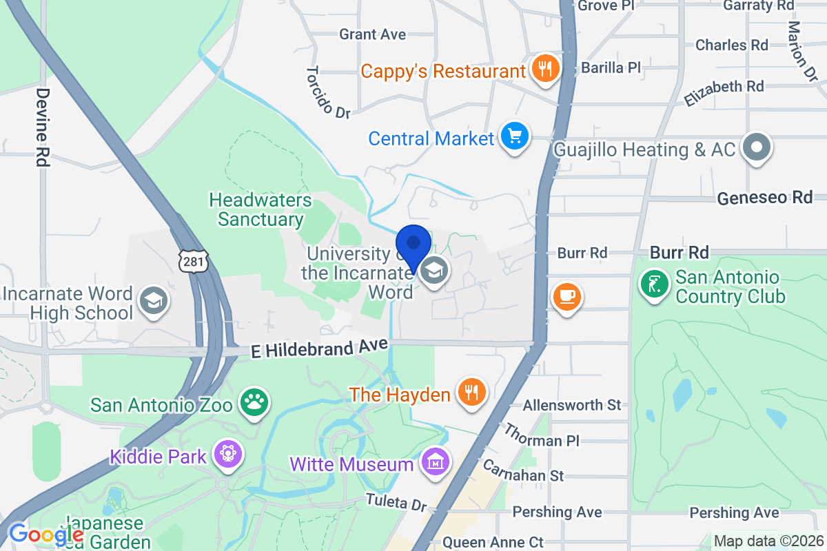 Map showing the location of University of the Incarnate Word in San Antonio, Texas