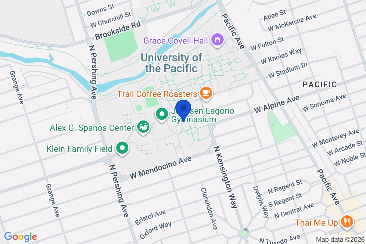 Map showing the location of University of the Pacific in Stockton, California