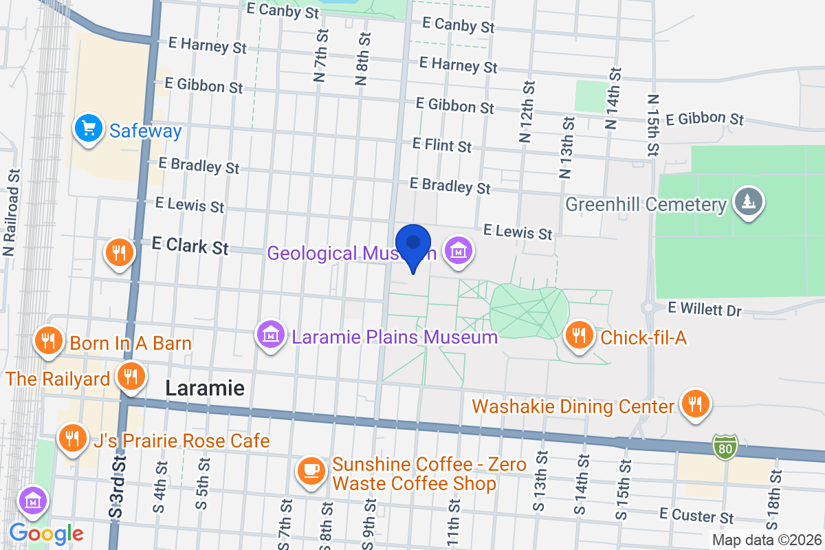 Map showing the location of University of Wyoming in Laramie, Wyoming