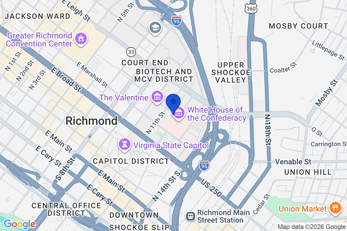 Map showing the location of Virginia Commonwealth University in Richmond, Virginia