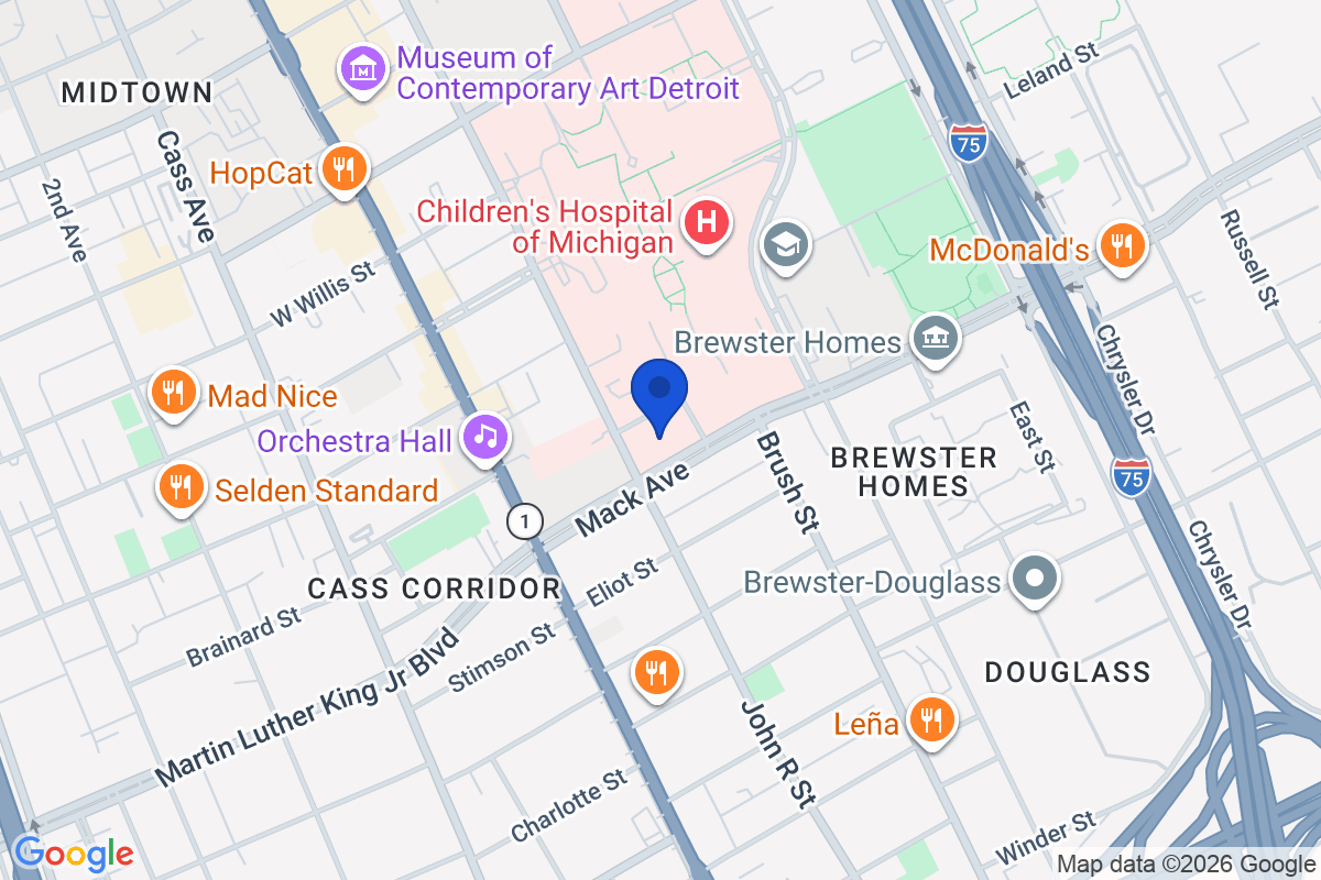 Map showing the location of Wayne State University in Detroit, Michigan