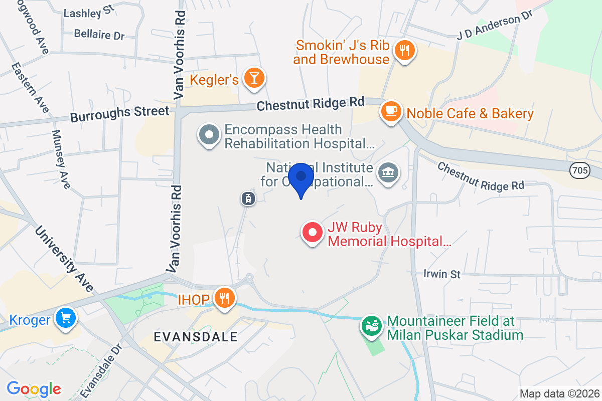 Map showing the location of West Virginia University in Morgantown, West Virginia