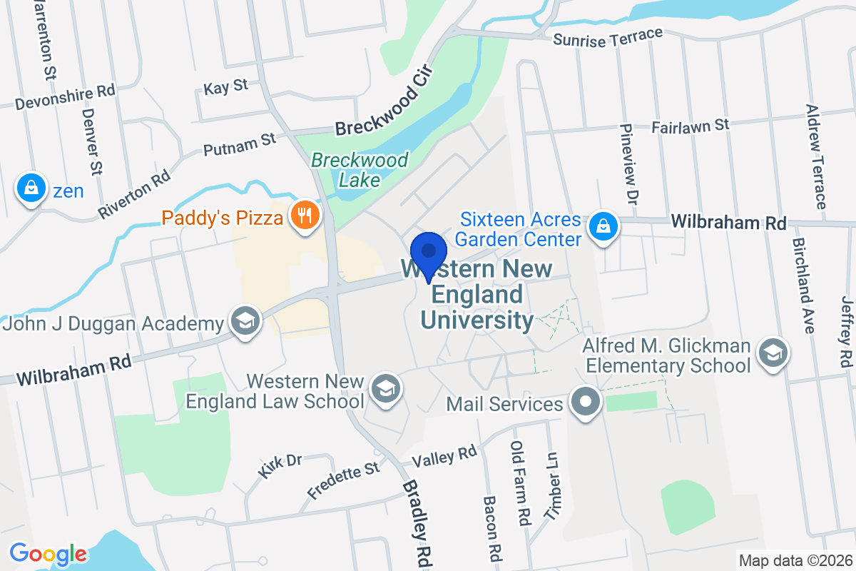 Map showing the location of Western New England University in Springfield, Massachusetts