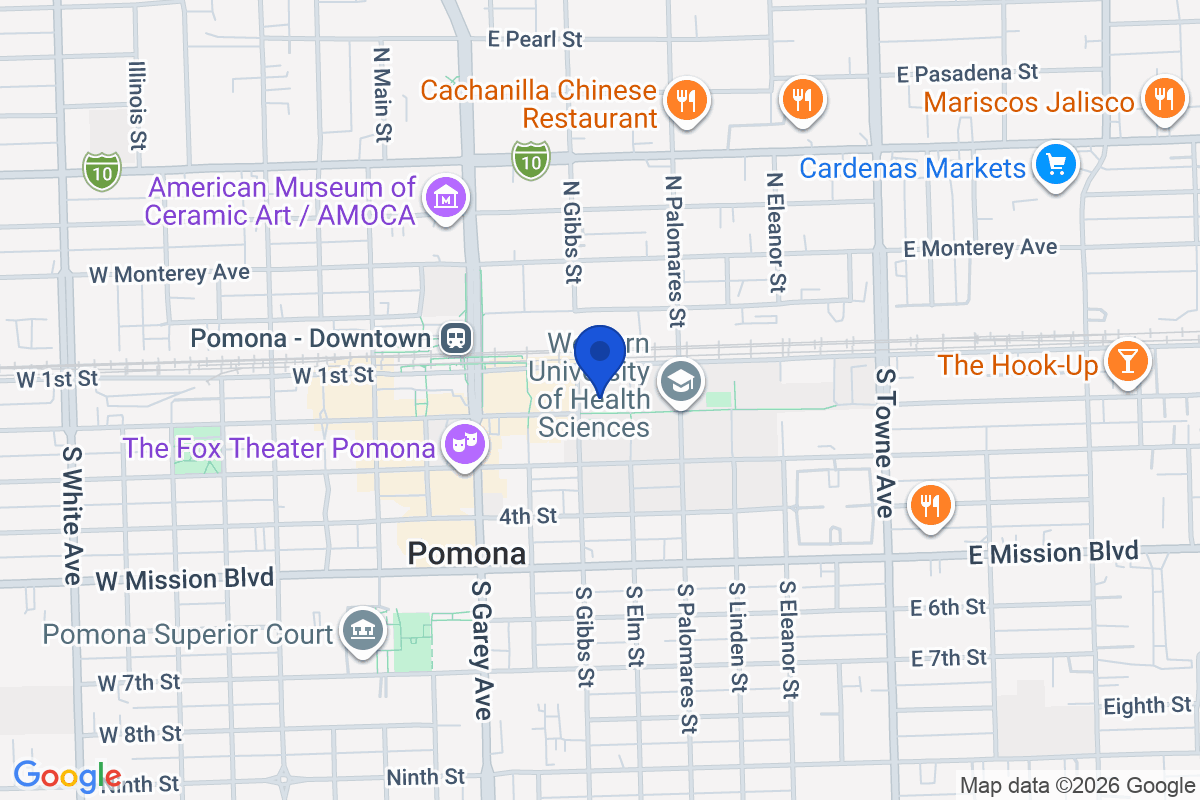 Map showing the location of Western University of Health Sciences in Pomona, California