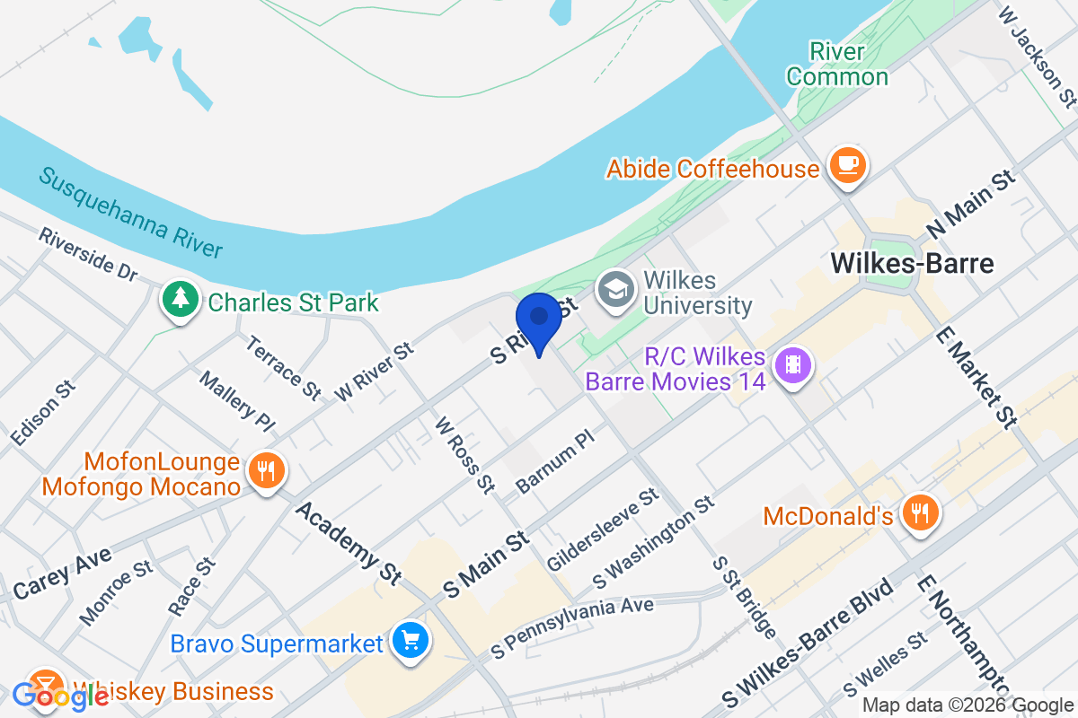 Map showing the location of Wilkes University in Wilkes-Barre, Pennsylvania