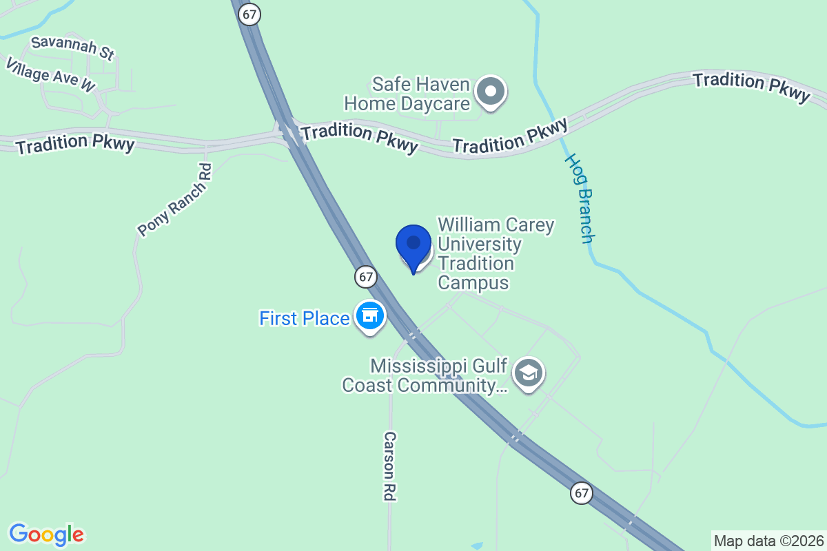 Map showing the location of William Carey University in Biloxi, MS