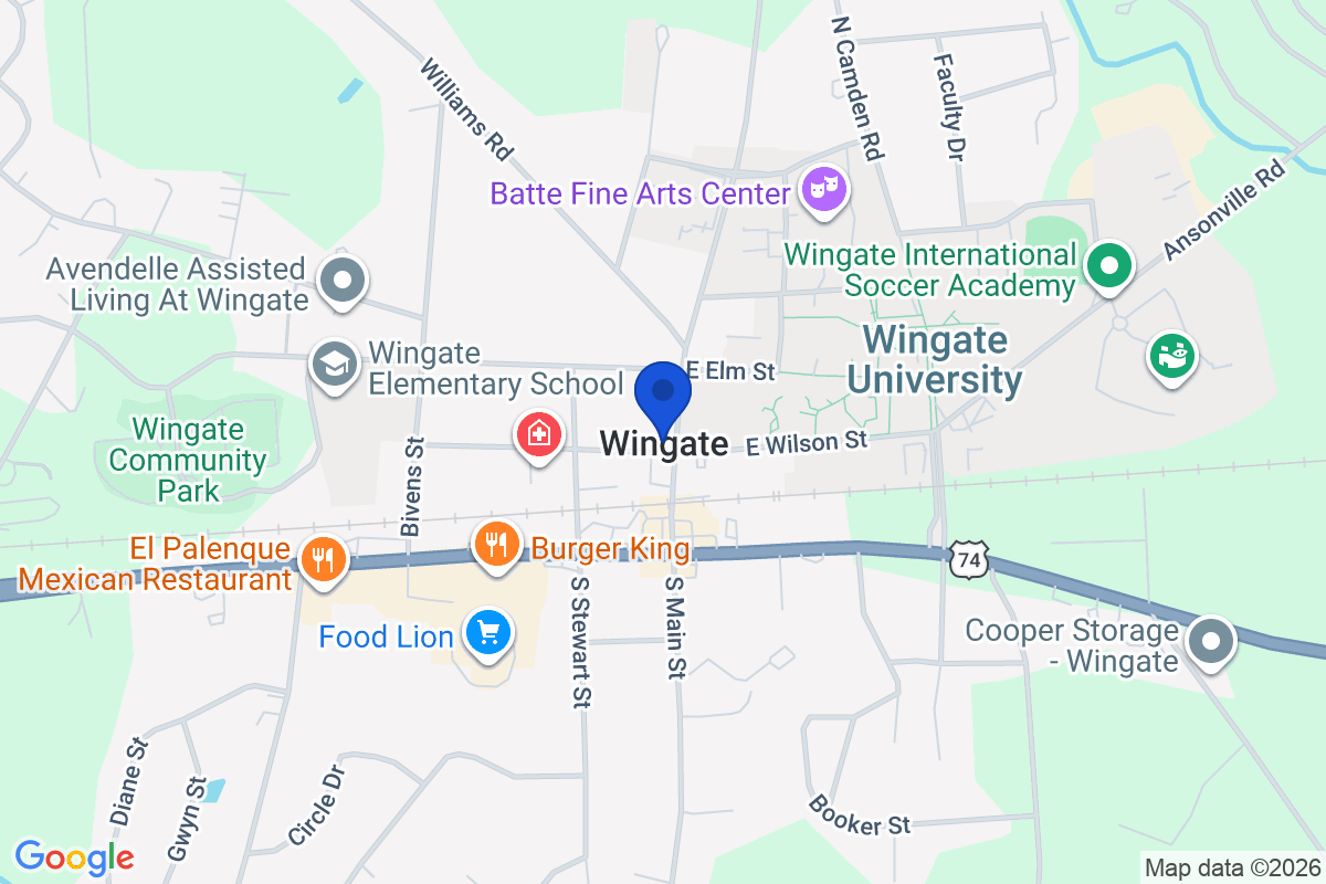 Map showing the location of Wingate University – Wingate, NC in Wingate, North Carolina