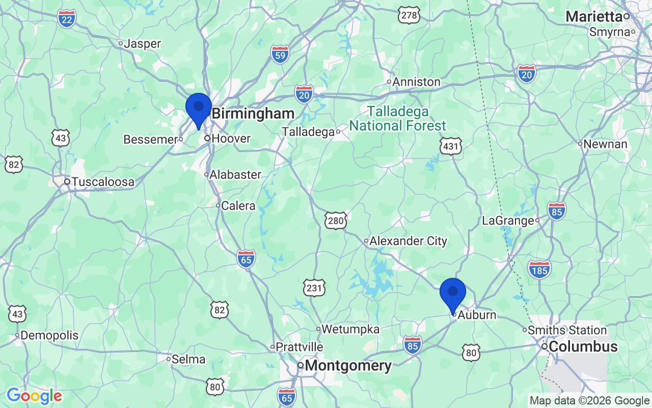 Map of the 2 pharmacy school campuses in Alabama