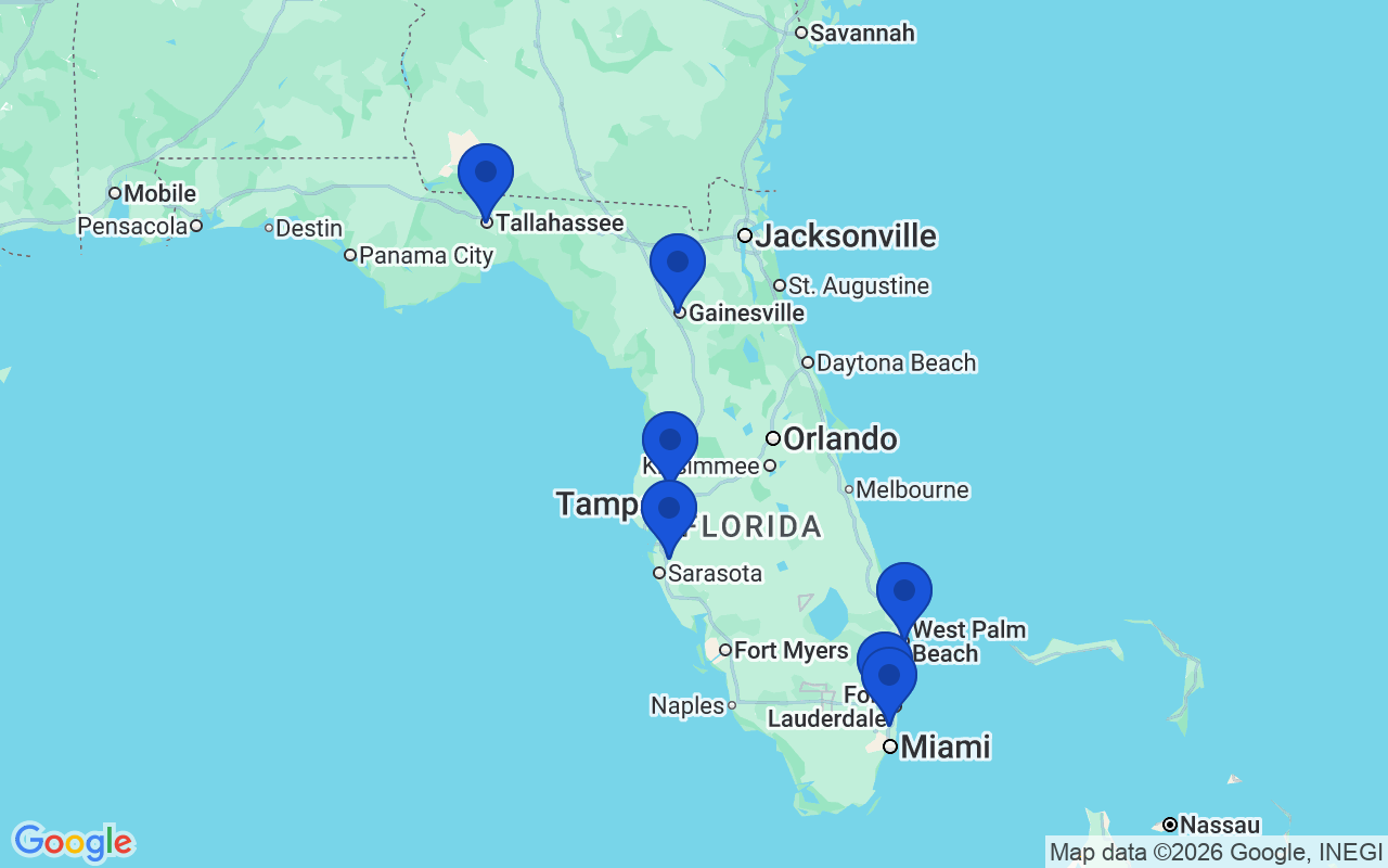 Map of the 7 pharmacy school campuses in Florida