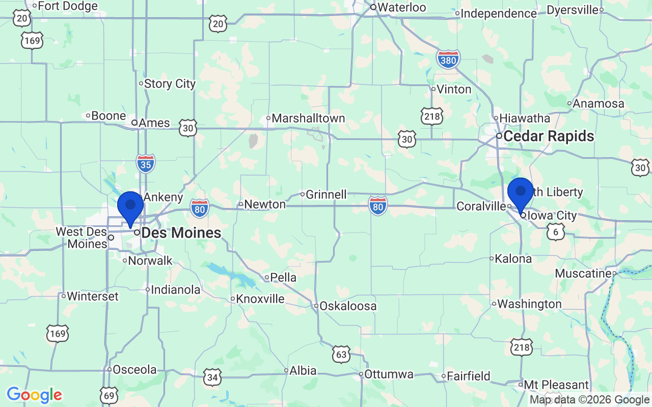 Map of the 2 pharmacy school campuses in Iowa