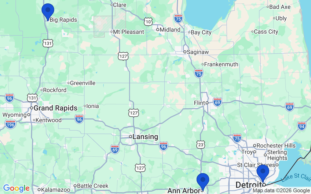 Map of the 3 pharmacy school campuses in Michigan