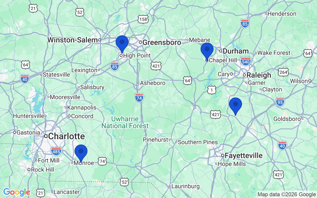 Map of the 4 pharmacy school campuses in North Carolina