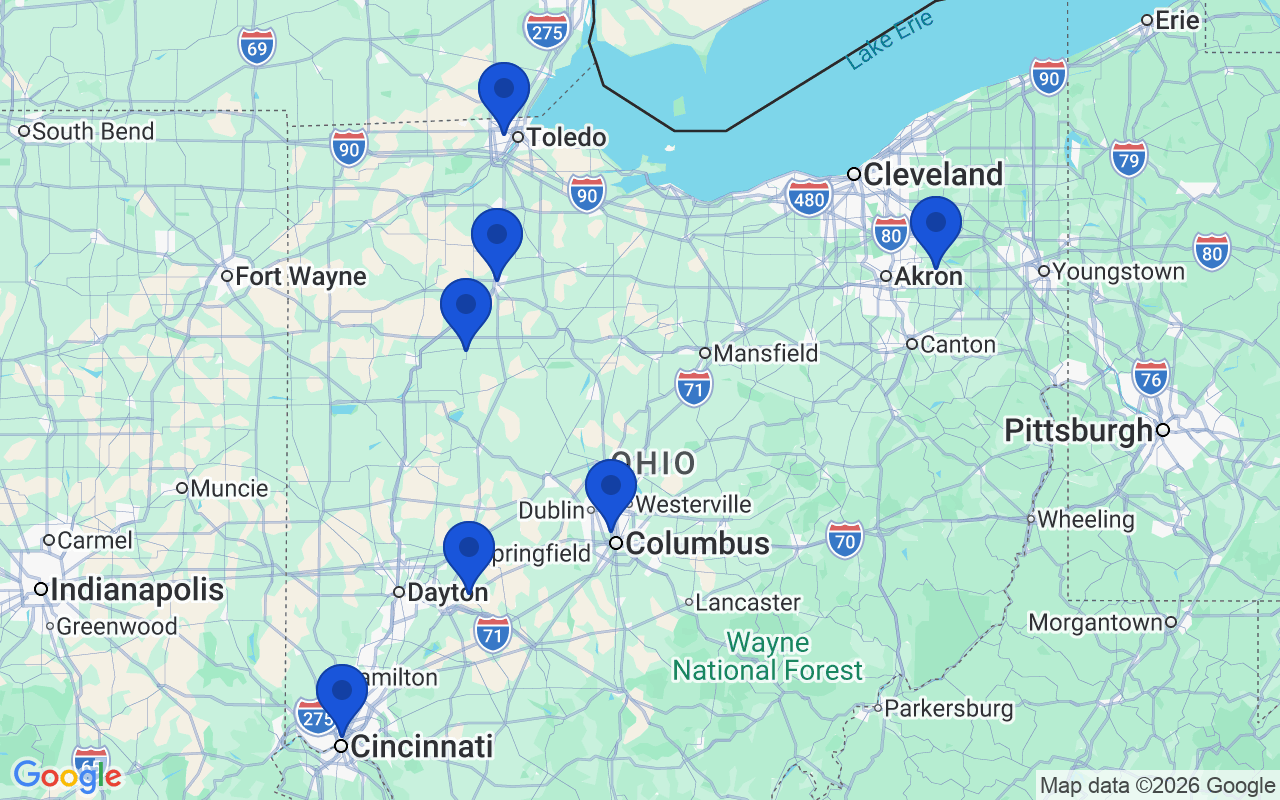 Map of the 7 pharmacy school campuses in Ohio
