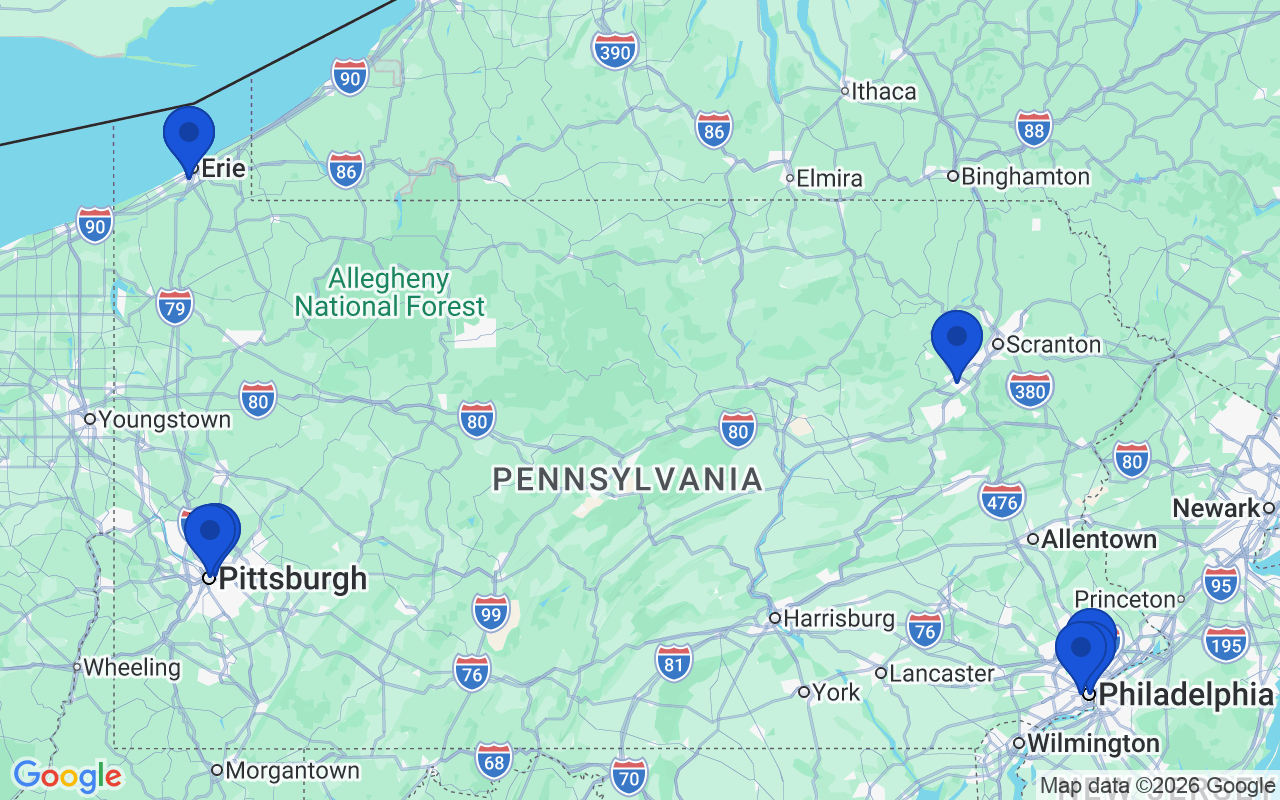 Map of the 8 pharmacy school campuses in Pennsylvania