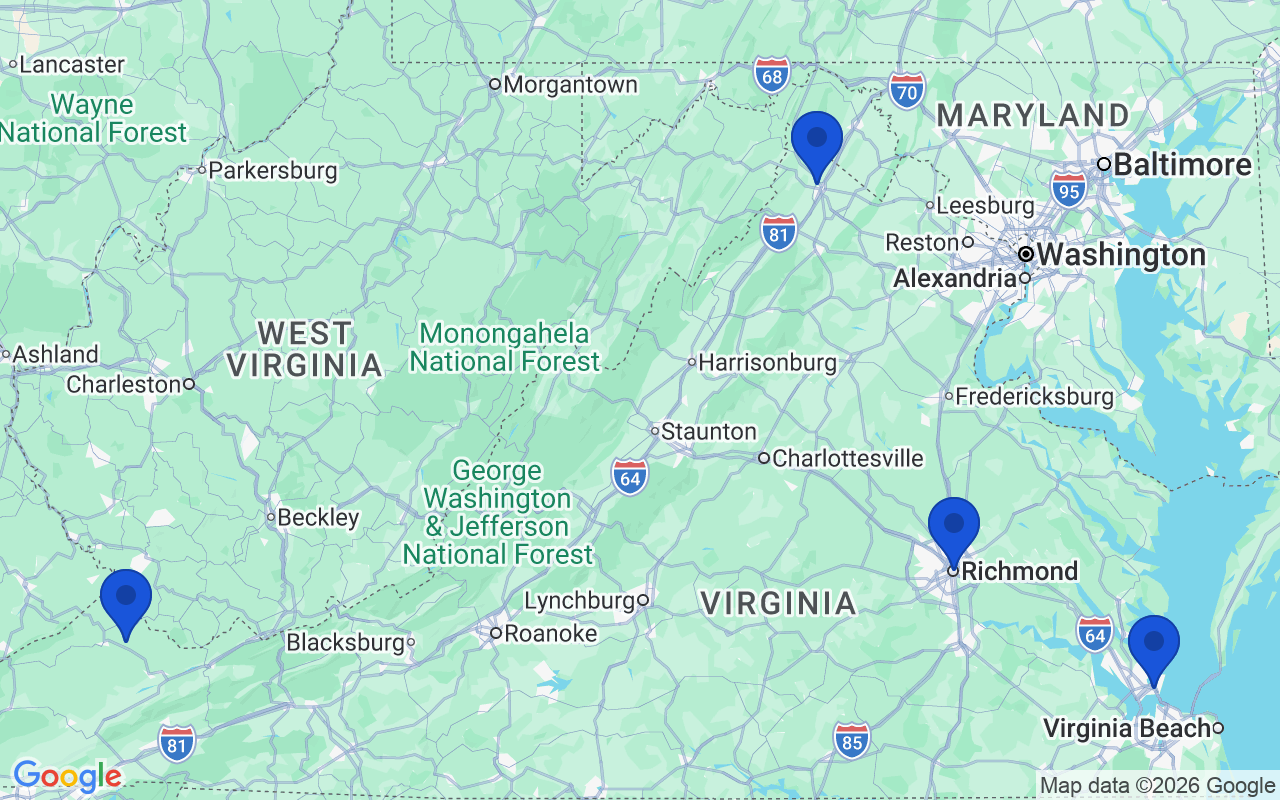 Map of the 4 pharmacy school campuses in Virginia
