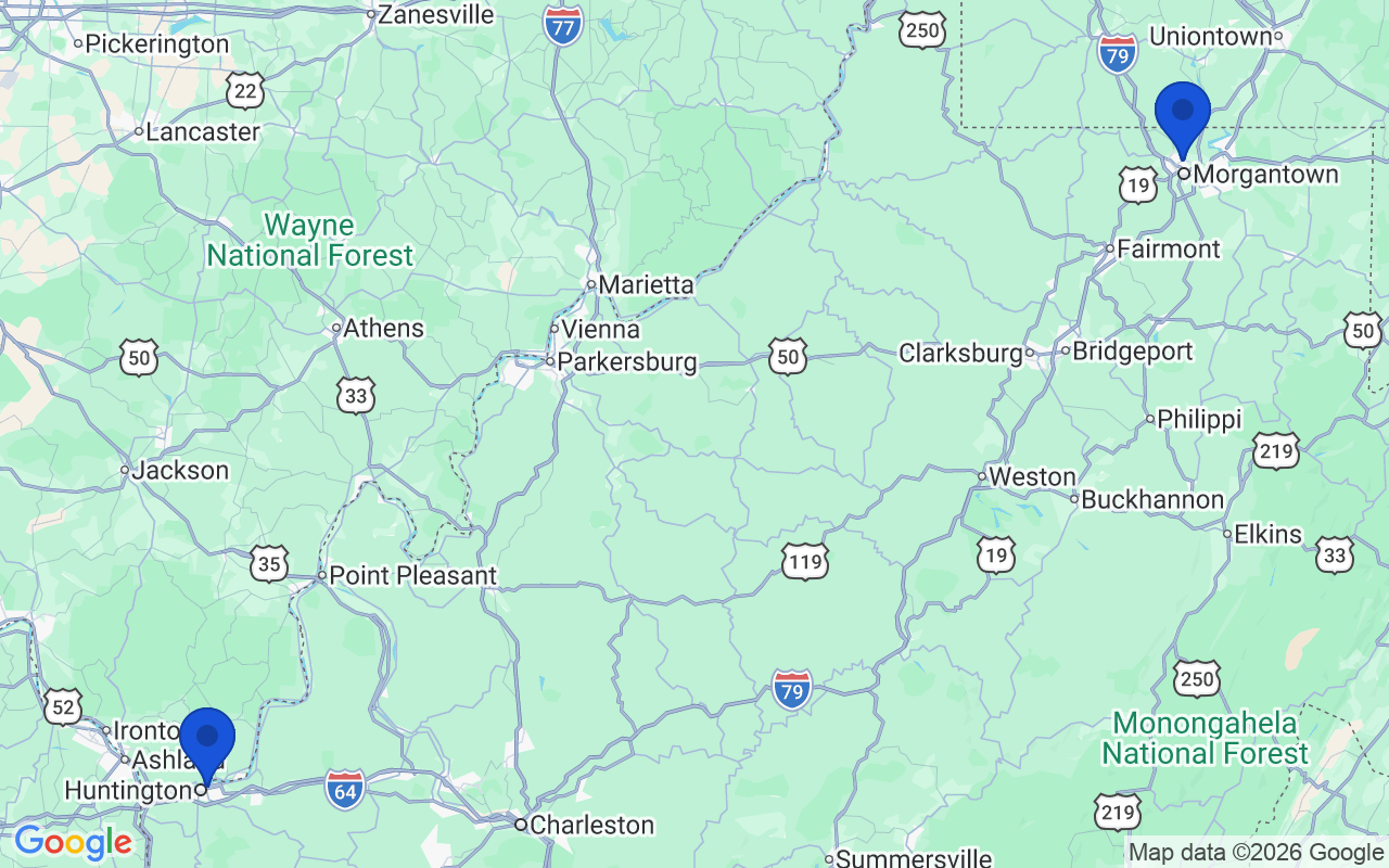 Map of the 2 pharmacy school campuses in West Virginia